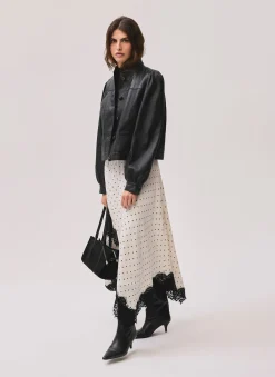 Cream Polka Dot Lace Trim Maxi Skirt