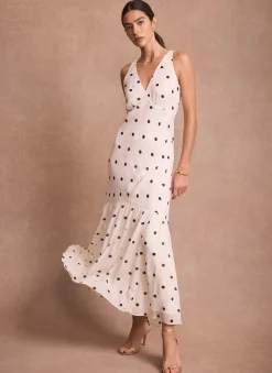 Cream Polka Dot Print Cape Maxi Dress