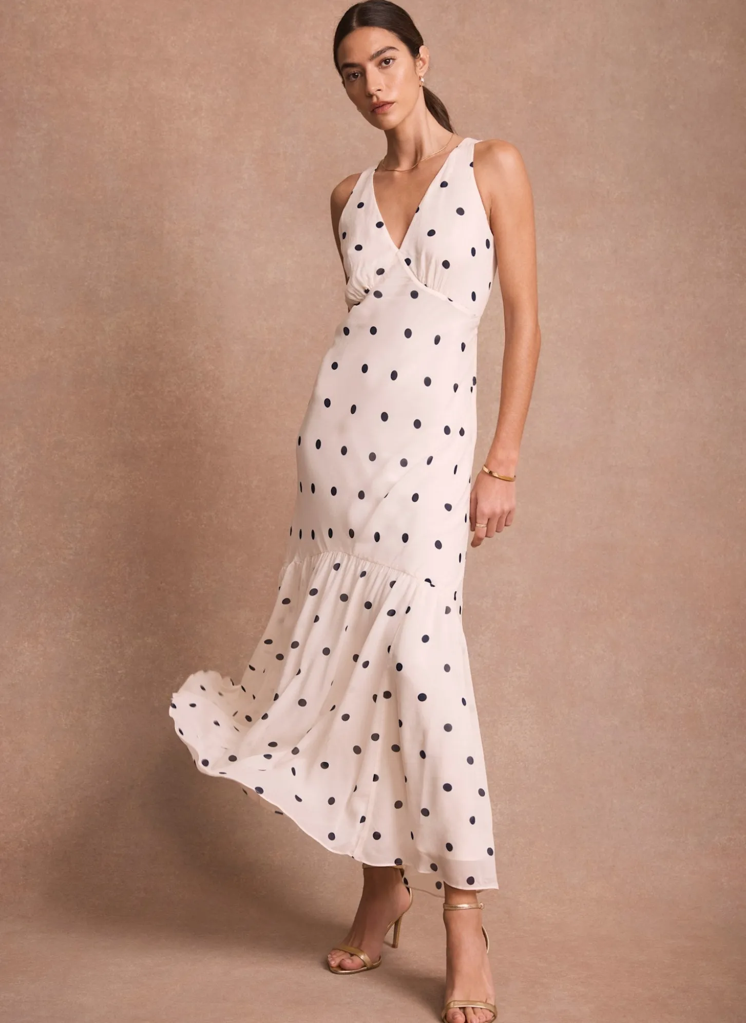 Cream Polka Dot Print Cape Maxi Dress