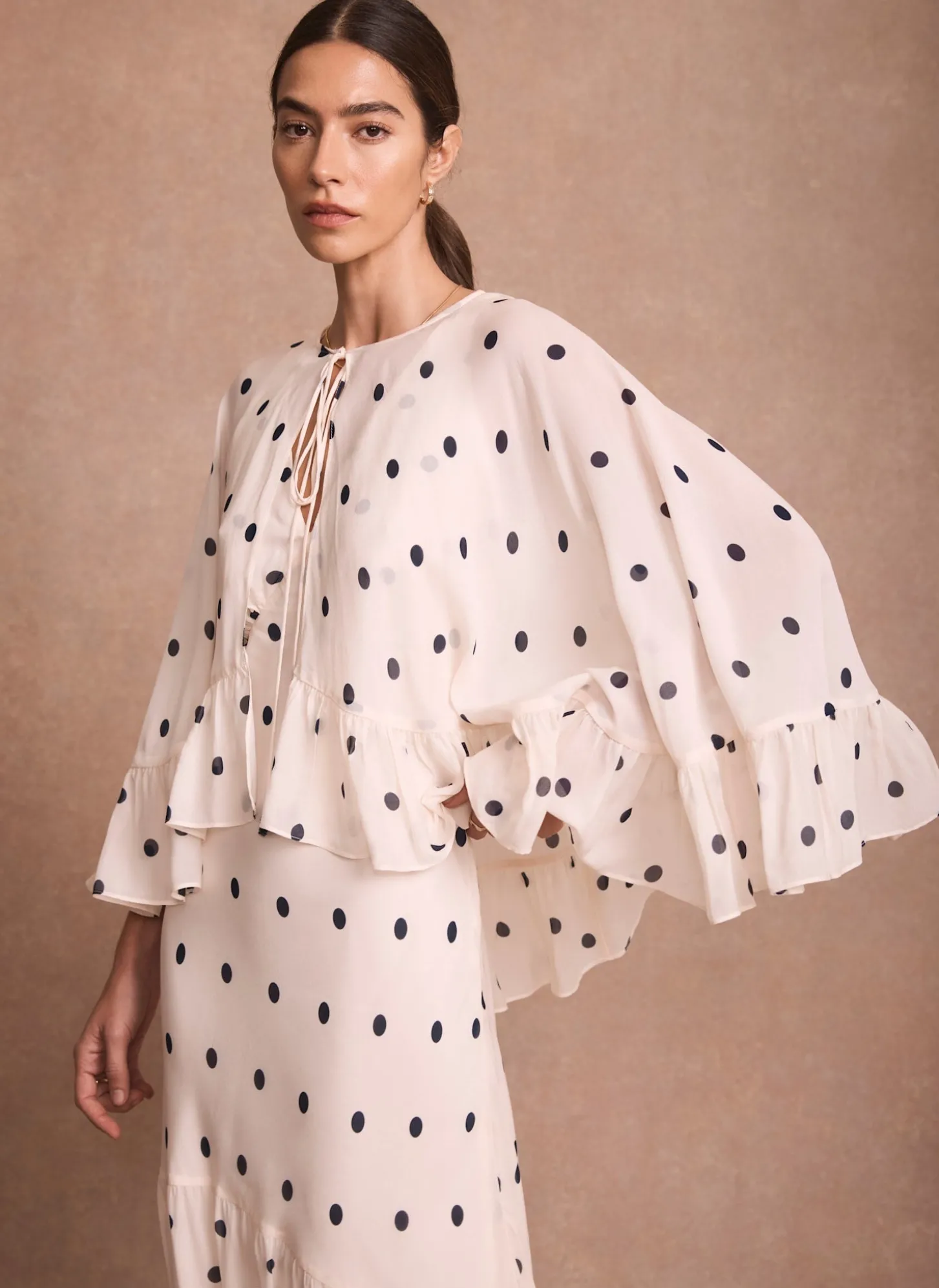 Cream Polka Dot Print Cape Maxi Dress