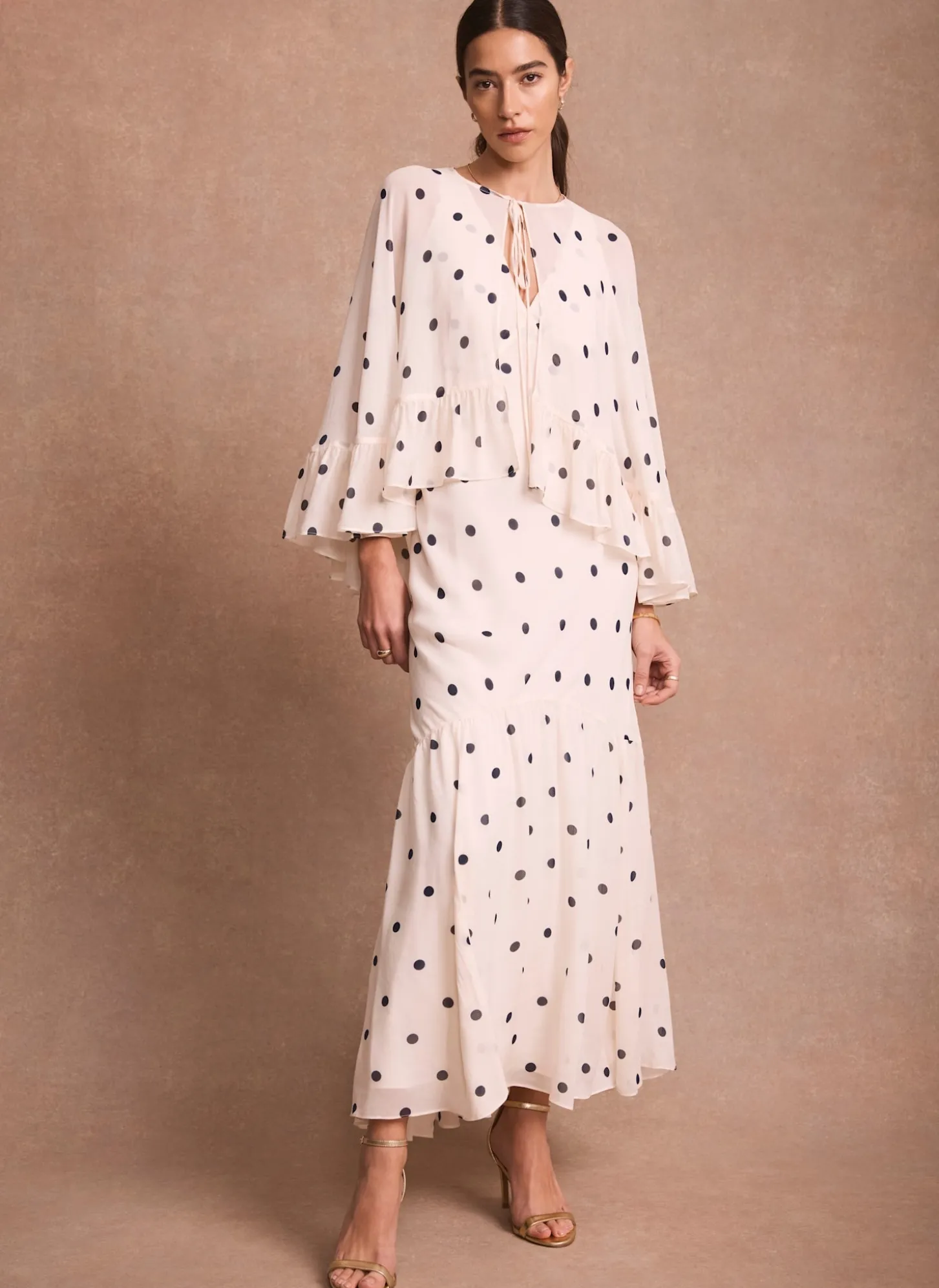 Cream Polka Dot Print Cape Maxi Dress