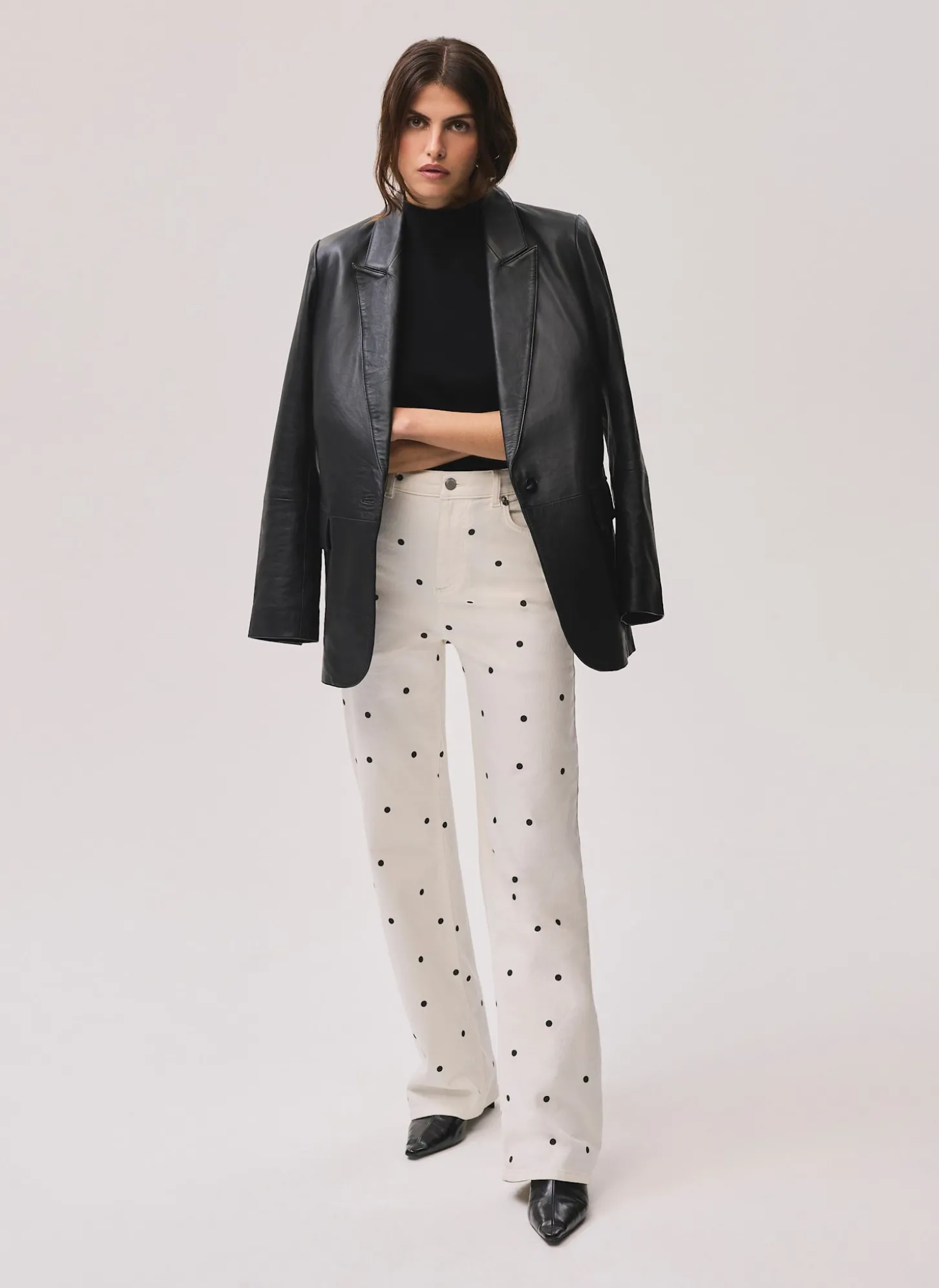 Cream Polka Dot Wide Jeans
