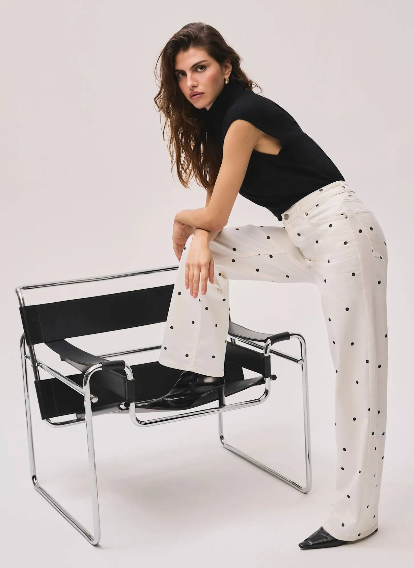 Cream Polka Dot Wide Jeans