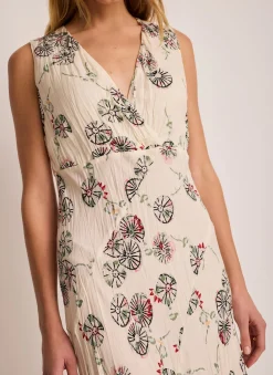 Cream Printed Crinkle Midi Dress