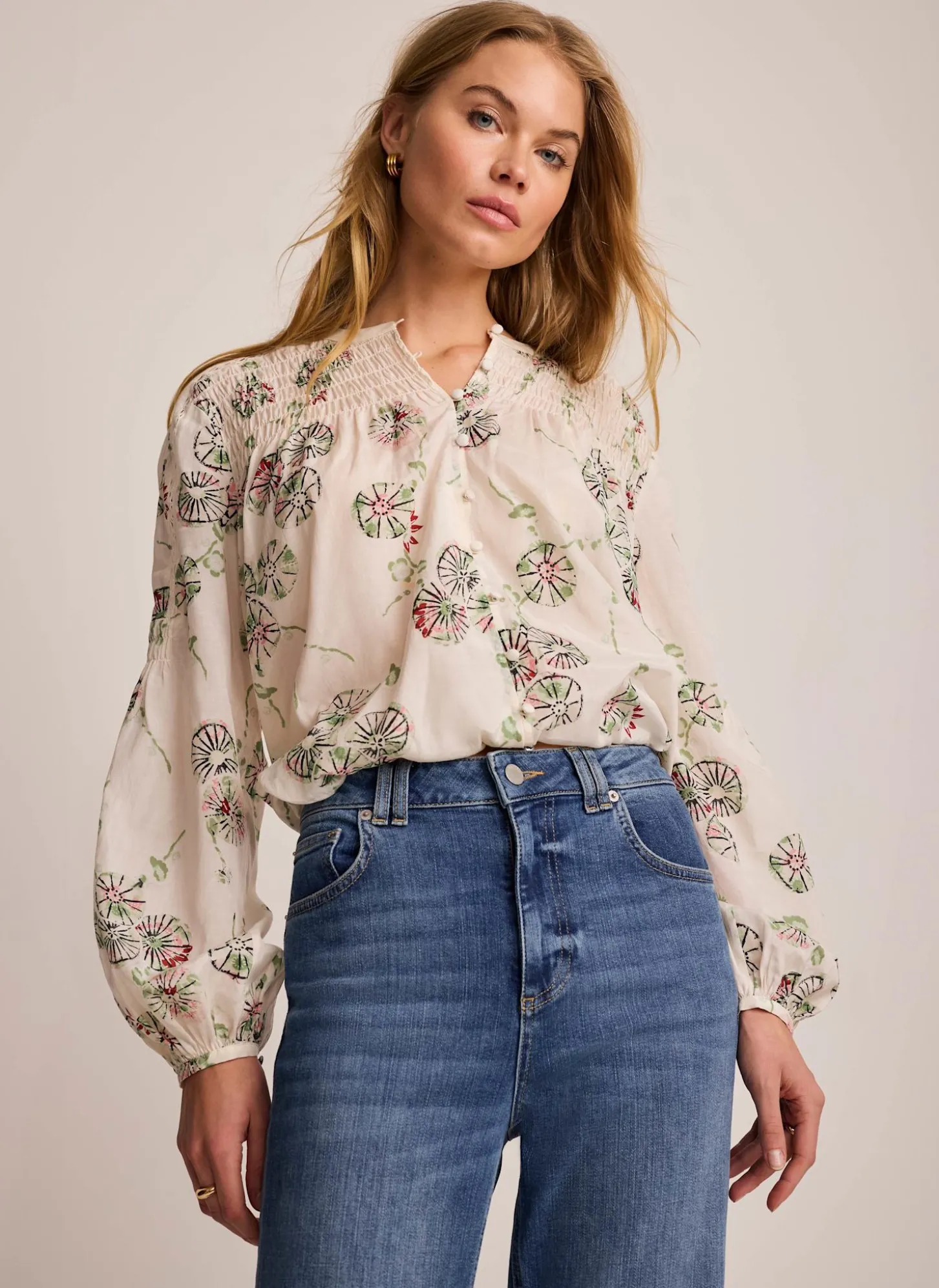 Cream Shirred Printed Blouse