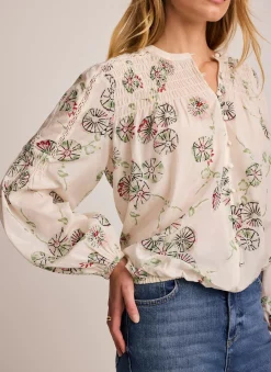 Cream Shirred Printed Blouse