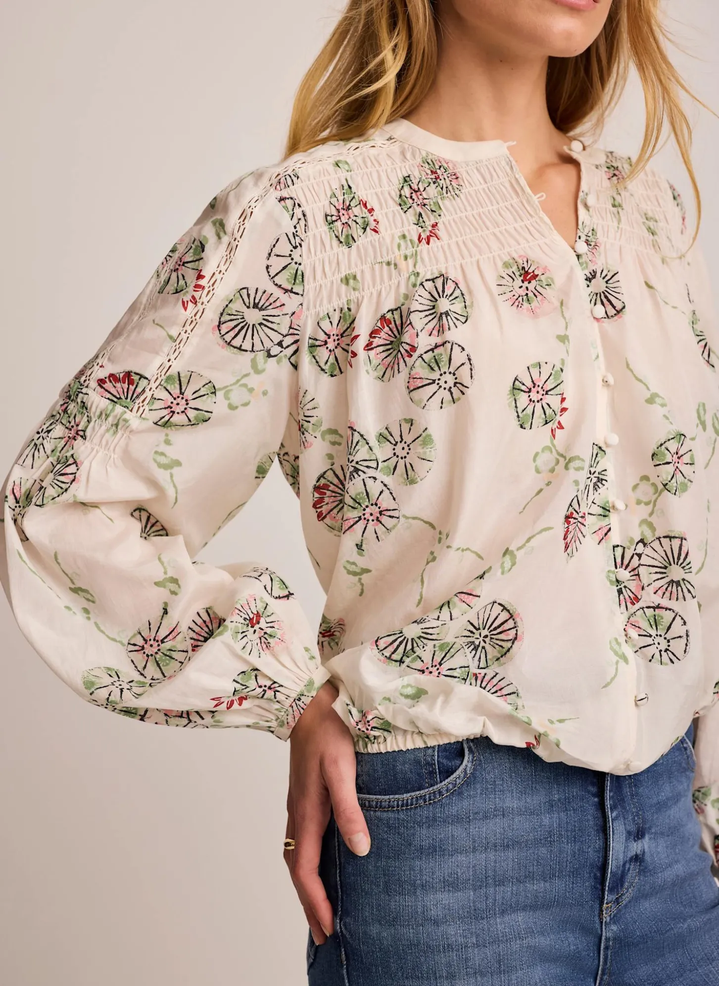 Cream Shirred Printed Blouse