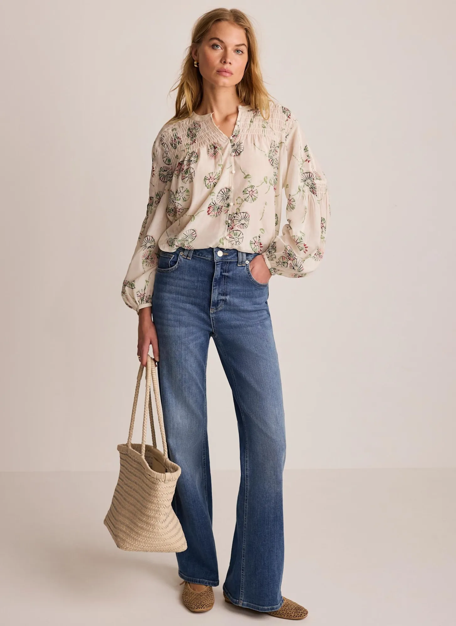 Cream Shirred Printed Blouse