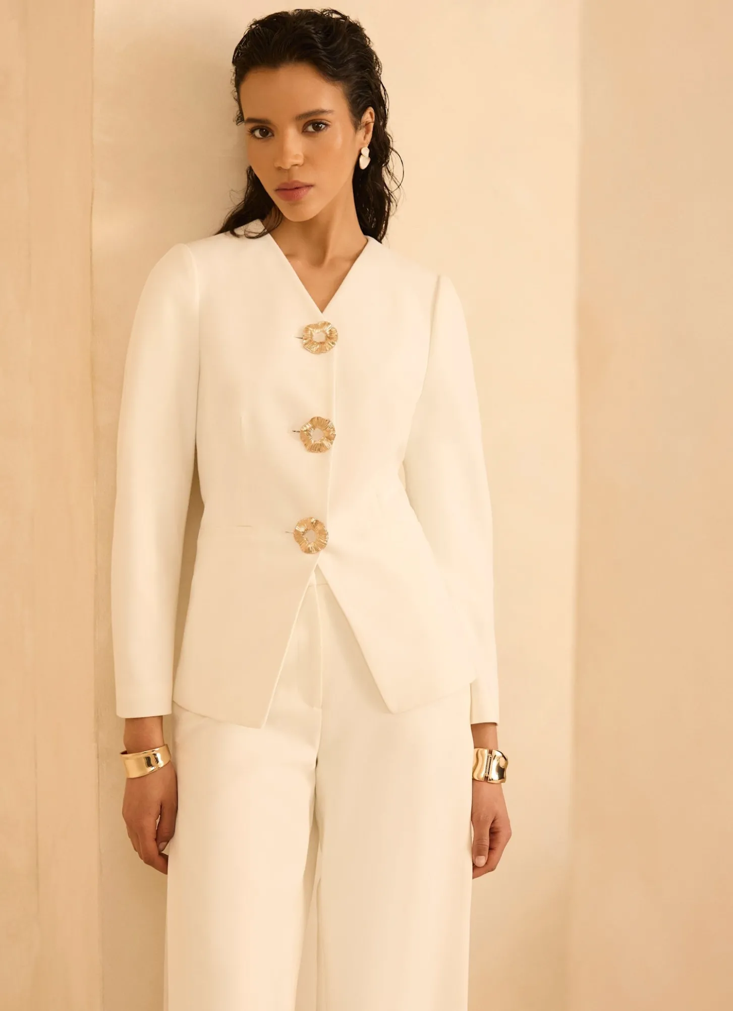 Cream Statement Button Sculpted Jacket