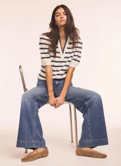 Cream Striped Knit Denim Detail Tops
