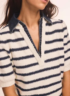 Cream Striped Knit Denim Detail Tops