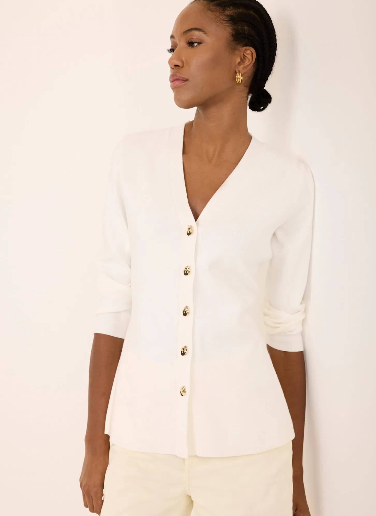 Cream V Neck Longline Cardigan