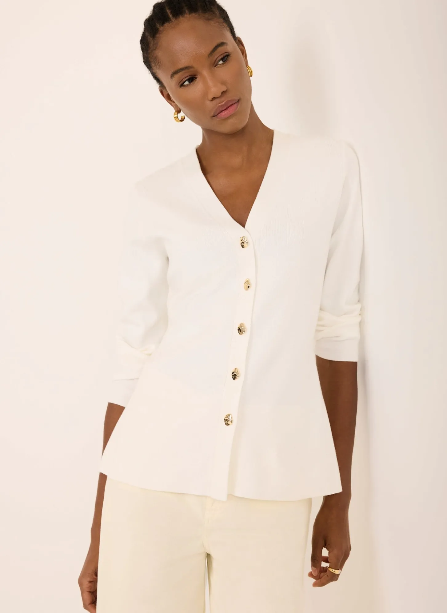 Cream V Neck Longline Cardigan