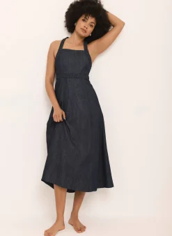 Dark Indigo Denim Halter Midi Dress