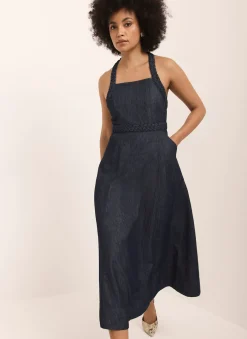 Dark Indigo Denim Halter Midi Dress