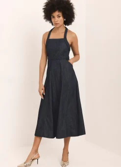 Dark Indigo Denim Halter Midi Dress