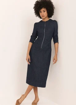 Dark Indigo Paisley Print Denim Midi Dress
