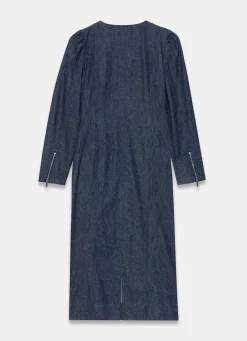 Dark Indigo Paisley Print Denim Midi Dress