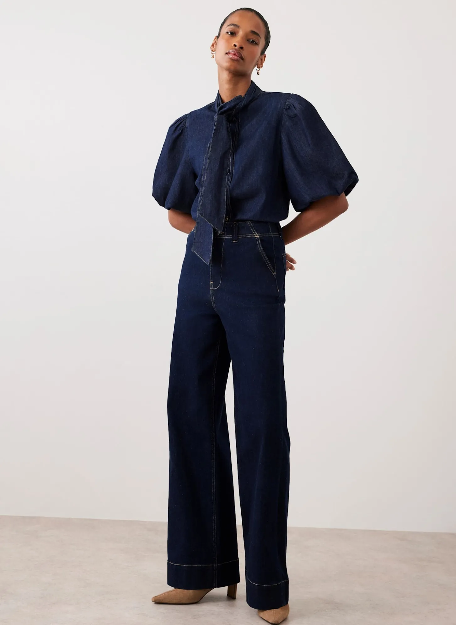 Dark Indigo Puff Sleeve Denim Shirt