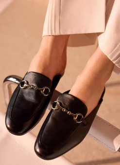 Faye Black Leather Backless Loafers