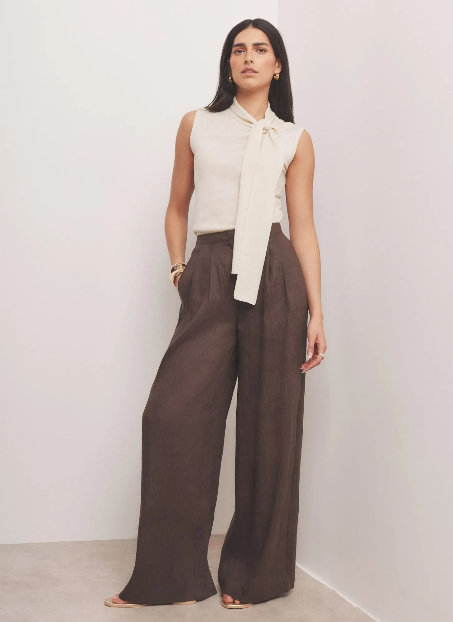 Gold Metallic Knit Tie Neck Top