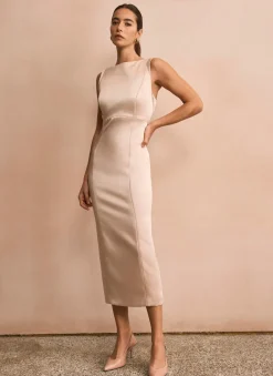Gold Satin Midi Shift Dress