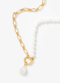 Gold Tone Chain & Pearl Drop Necklace