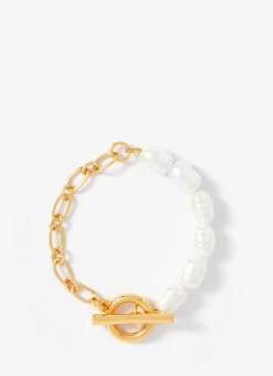 Gold Tone Chain & Pearl T-Bar Bracelet