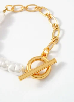 Gold Tone Chain & Pearl T-Bar Bracelet