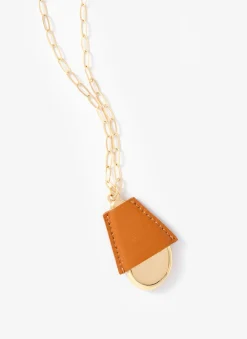 Gold Tone Faux Leather Cased Pendant Necklace