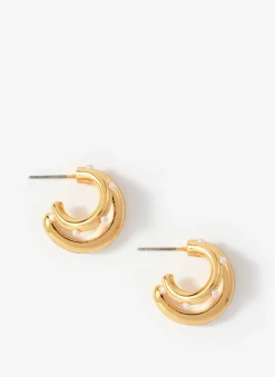 Gold Tone Mini Double Hoop Pearl Earrings