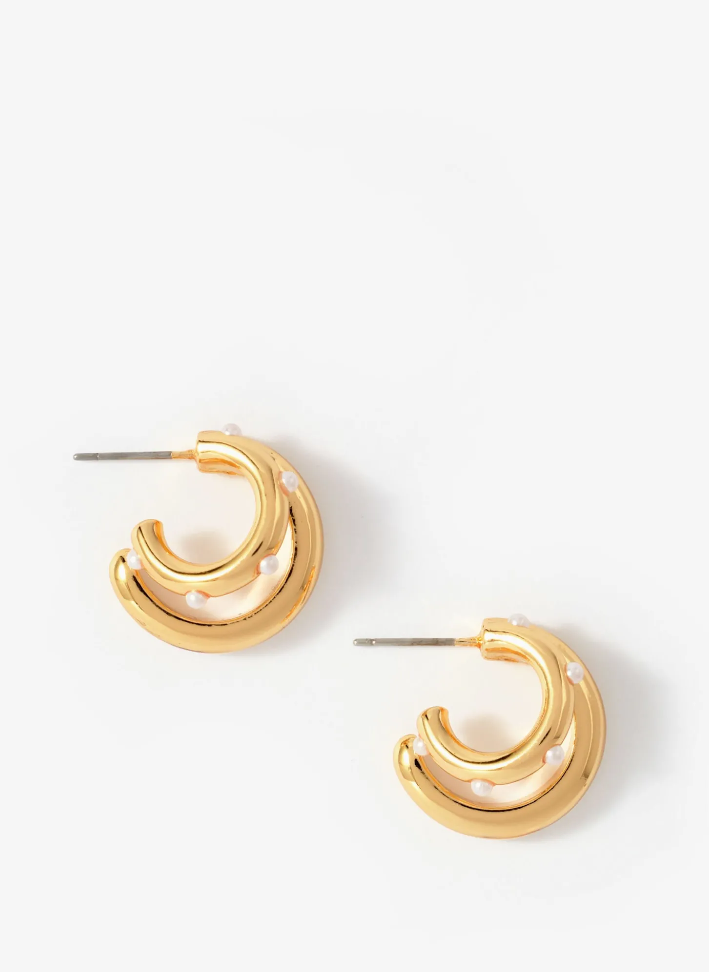 Gold Tone Mini Double Hoop Pearl Earrings