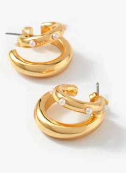Gold Tone Mini Double Hoop Pearl Earrings