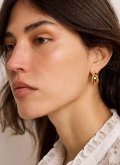 Gold Tone Mini Double Hoop Pearl Earrings