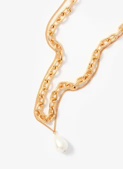 Gold Tone Pearl Drop Double Layered Necklace