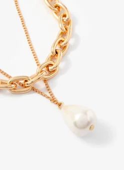 Gold Tone Pearl Drop Double Layered Necklace
