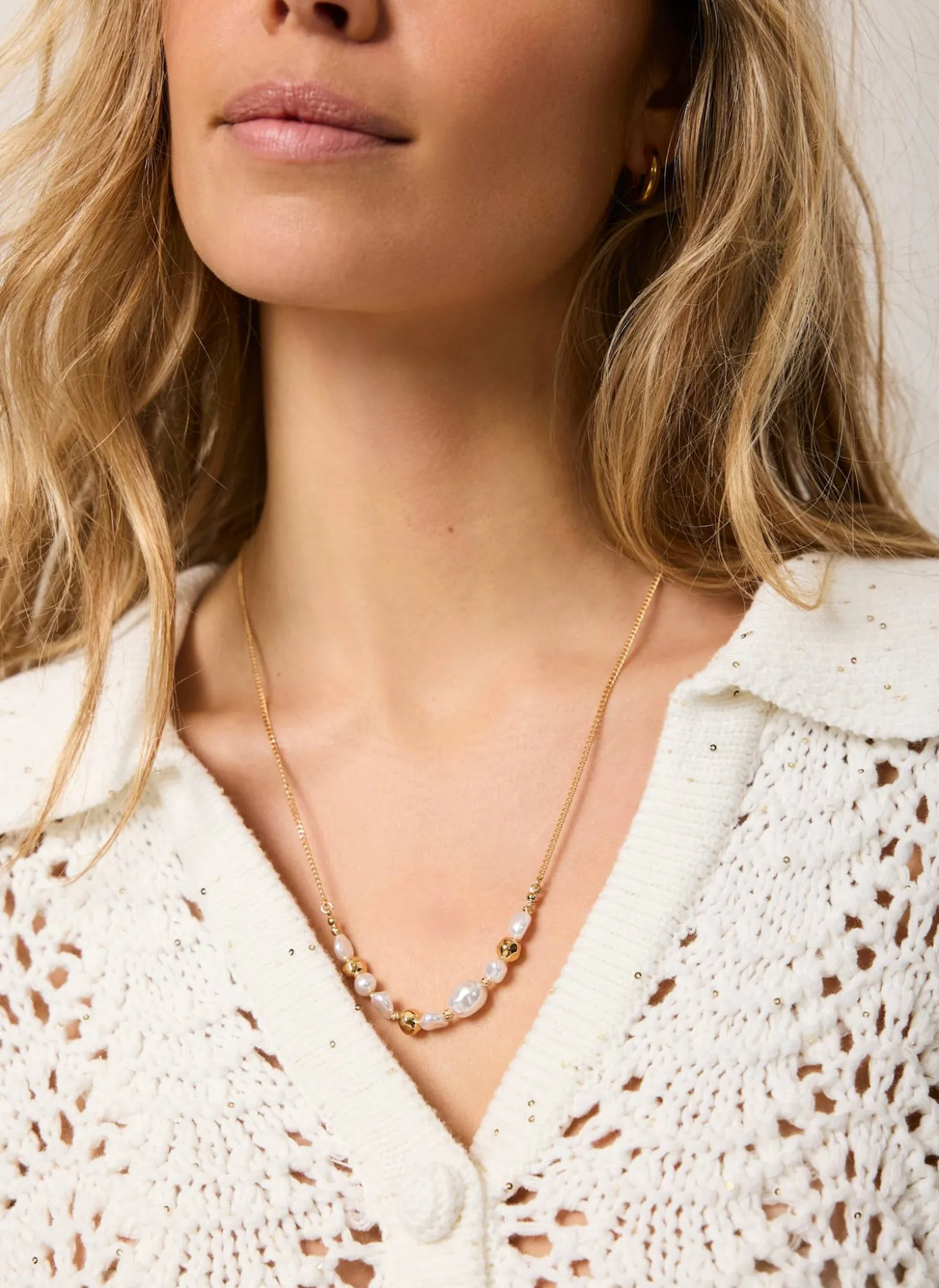 Gold Tone Pearl Long Necklace
