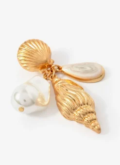 Gold Tone Shell Pearl Drop Earrings
