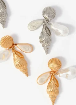 Gold Tone Shell Pearl Drop Earrings