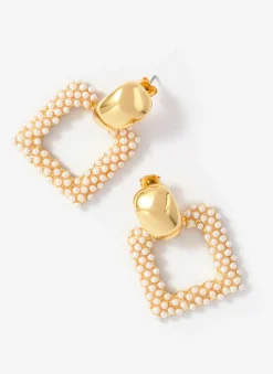 Gold Tone Statement Square Pearl Earrings