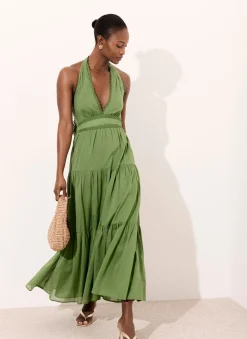 Green Cotton Halter Maxi Dress