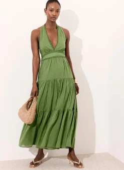 Green Cotton Halter Maxi Dress