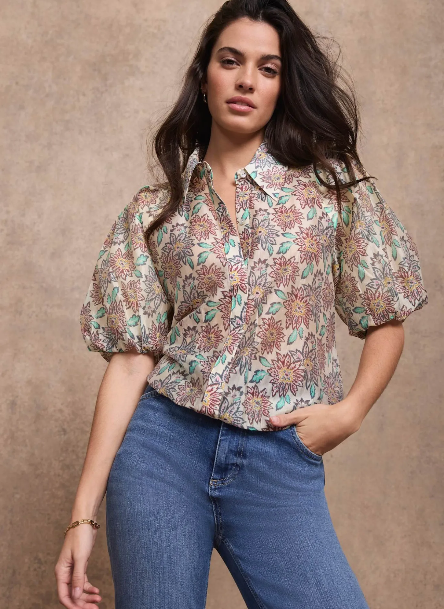 Green Floral Print Puff Sleeve Shirt