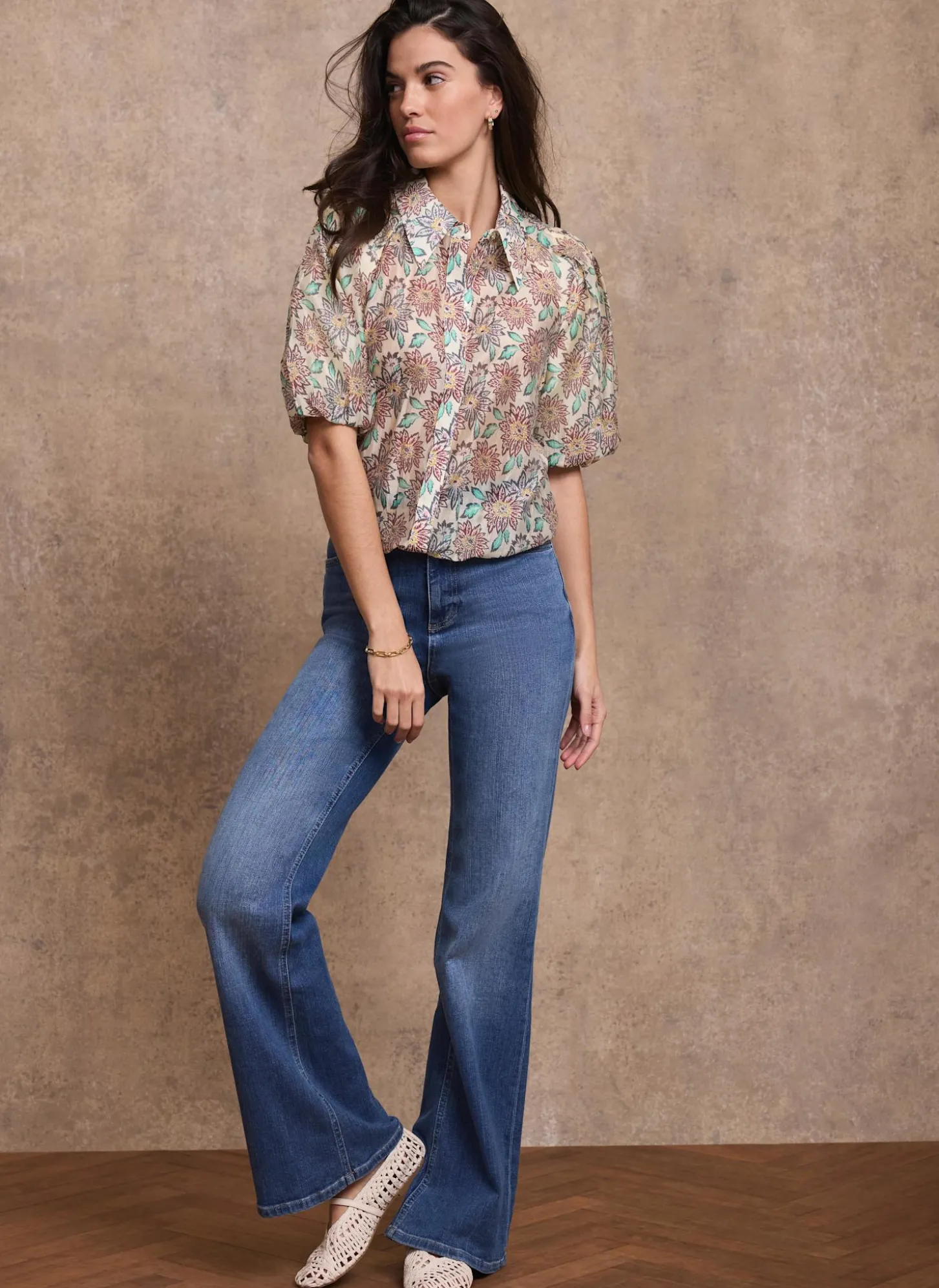 Green Floral Print Puff Sleeve Shirt