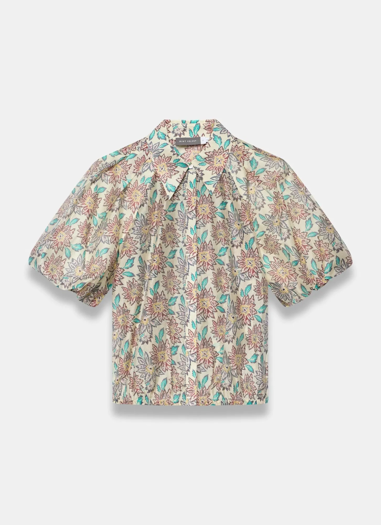 Green Floral Print Puff Sleeve Shirt