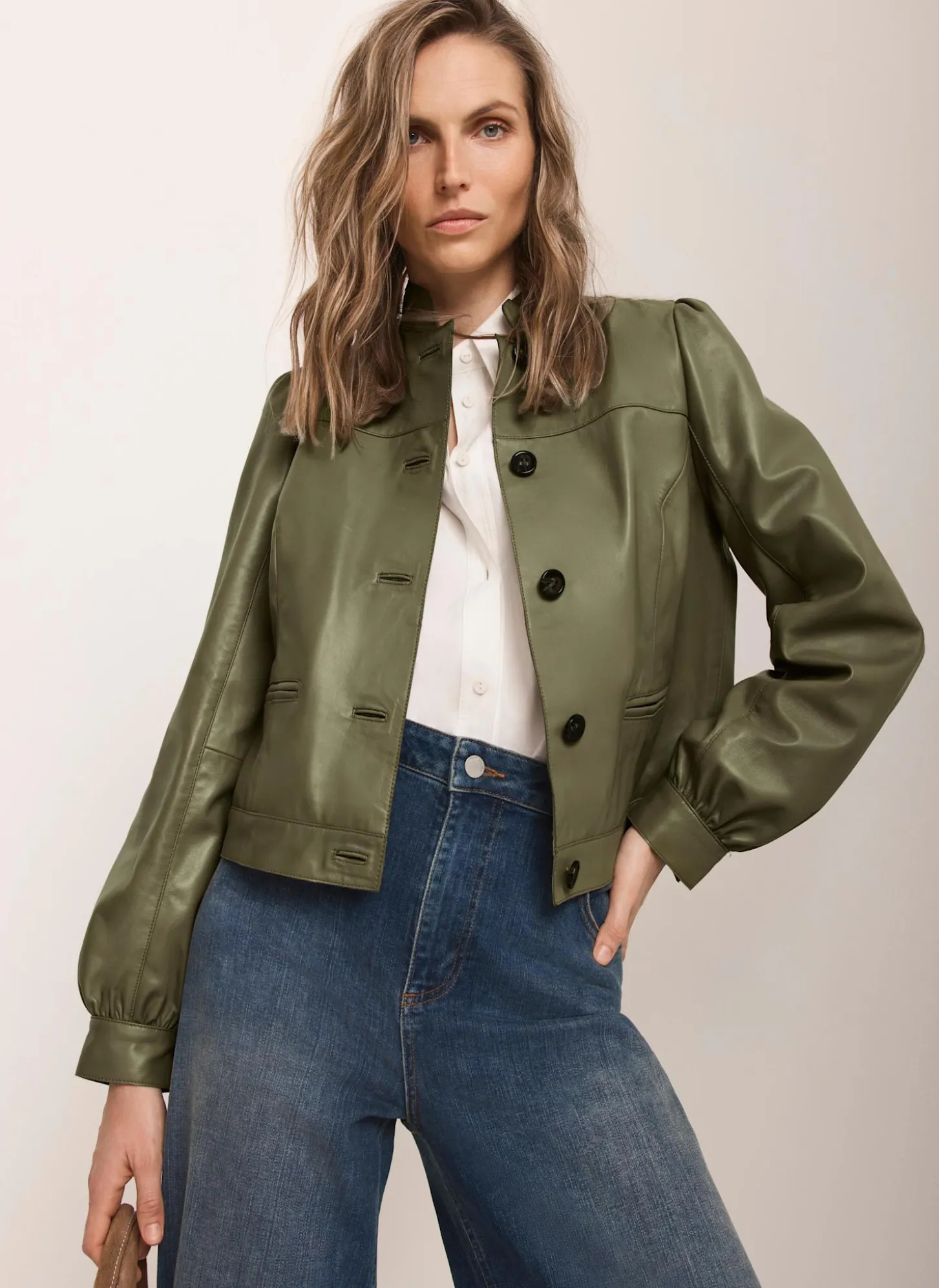Green Leather Puff Sleeve Jacket