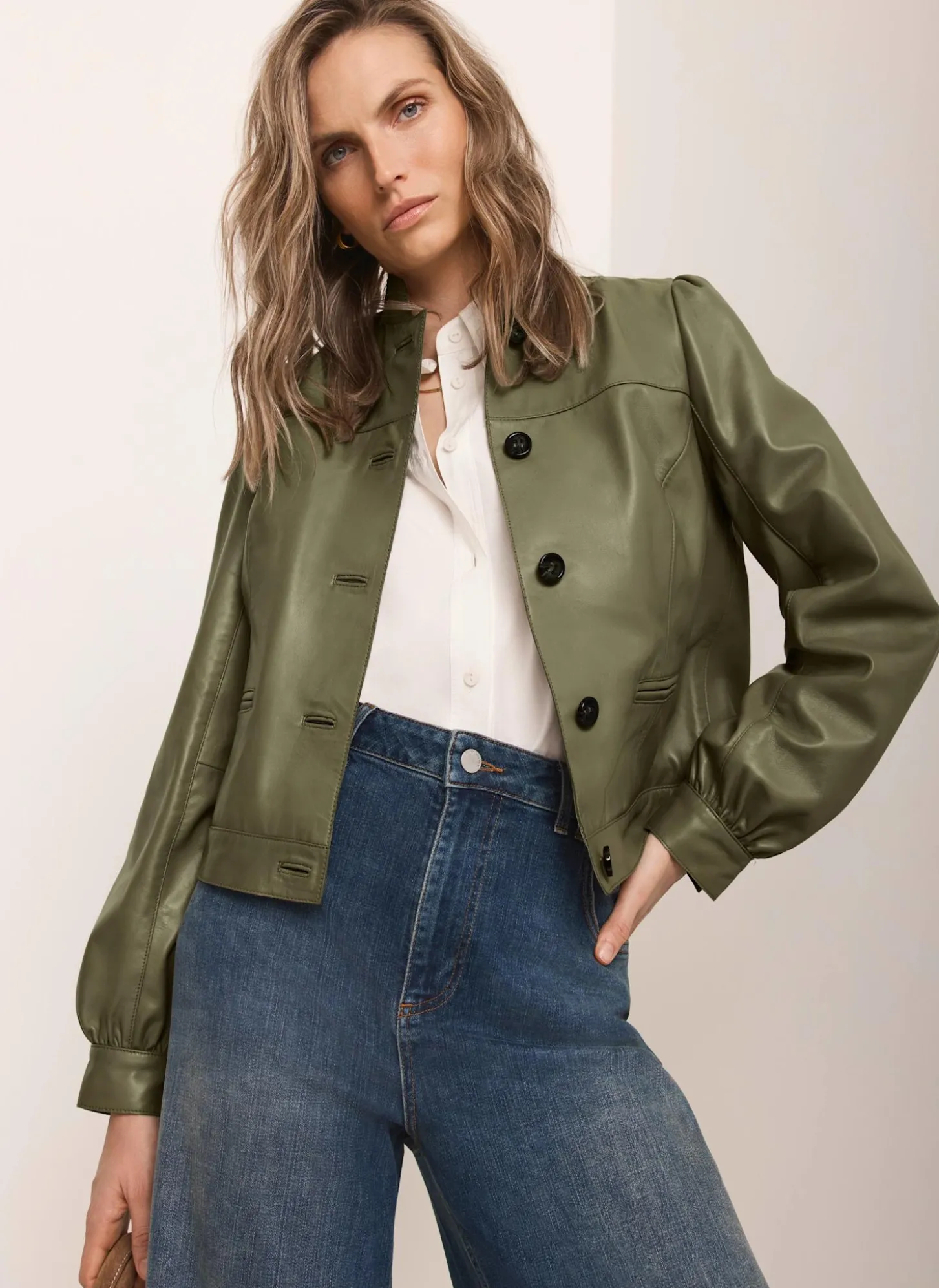 Green Leather Puff Sleeve Jacket