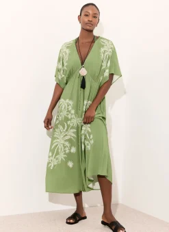 Green Palm Print Maxi Beach Dress