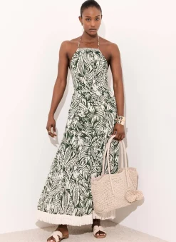 Green Printed Cotton Halterneck Maxi Dress