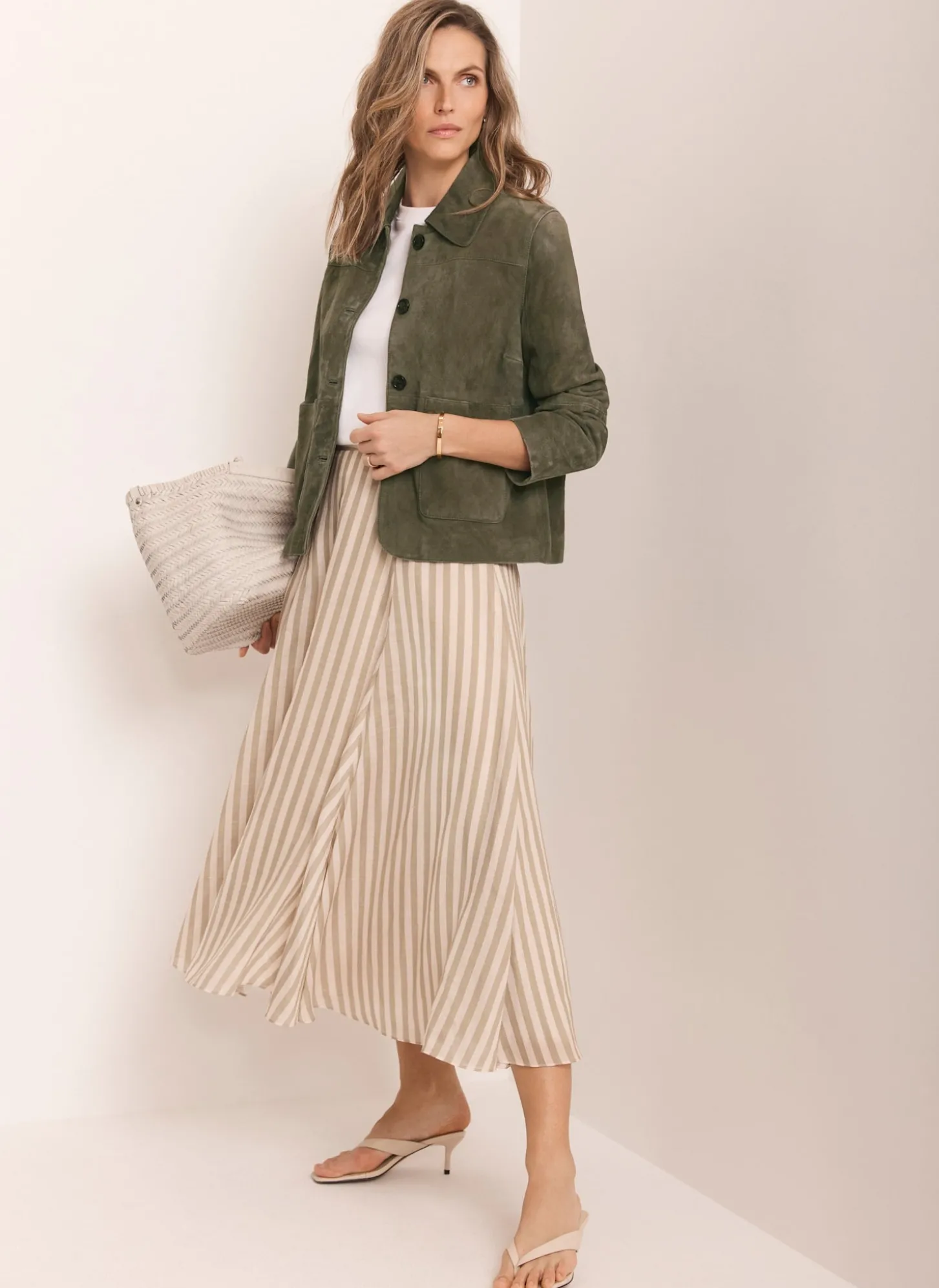 Green Striped A Line Midi Skirt